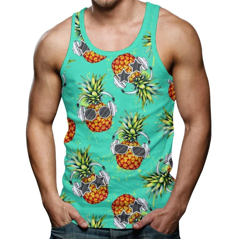 Car Dinosaur Pattern Tank Tops For Men Coconut Tree 3D Printed Tees Summer Casual Loose Tops Street Sports Round Neck Vest