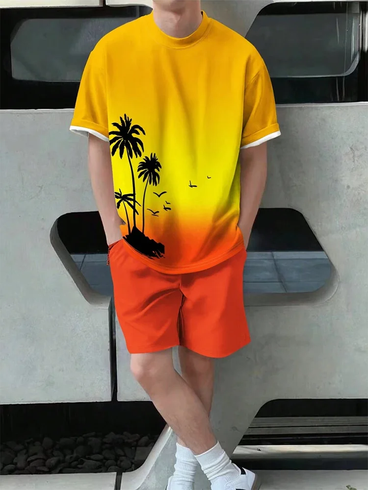 2 Piece Summer Casual Everyday Men's Short Sleeve Shorts Set Hawaiian Print Men's T-shirt Outdoor Sports Men's Beach Shorts