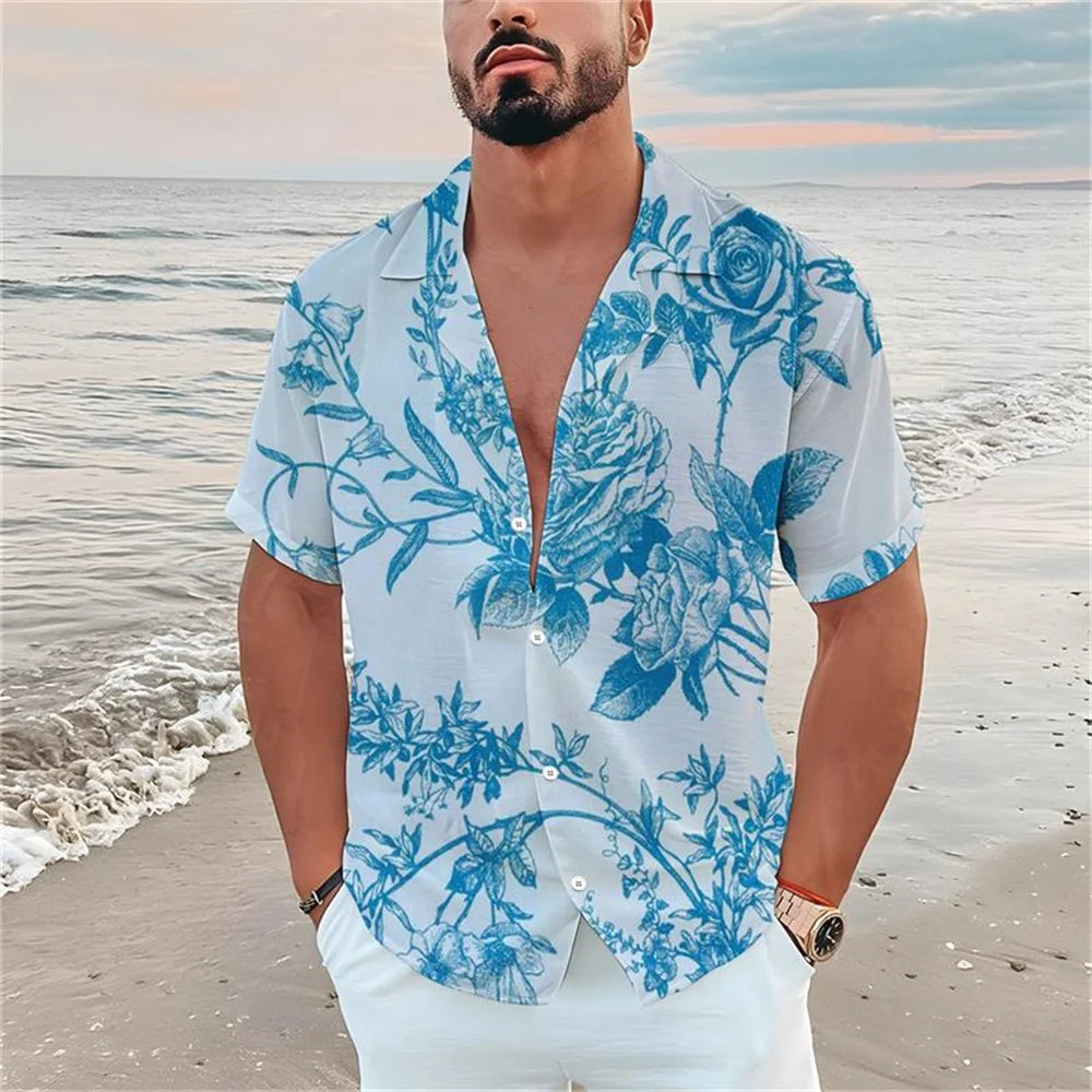 Summer men's casual short sleeved shirt Beach Plant flower 3D printed Hawaiian lapel 2024 New