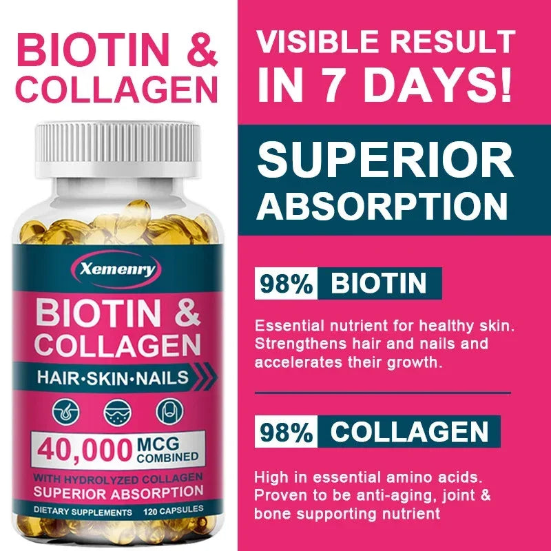 Collagen Biotin Capsules for Extra Strength Boost Hair, Skin and Nails Improve Skin Texture Hair Growth Follicle Repair
