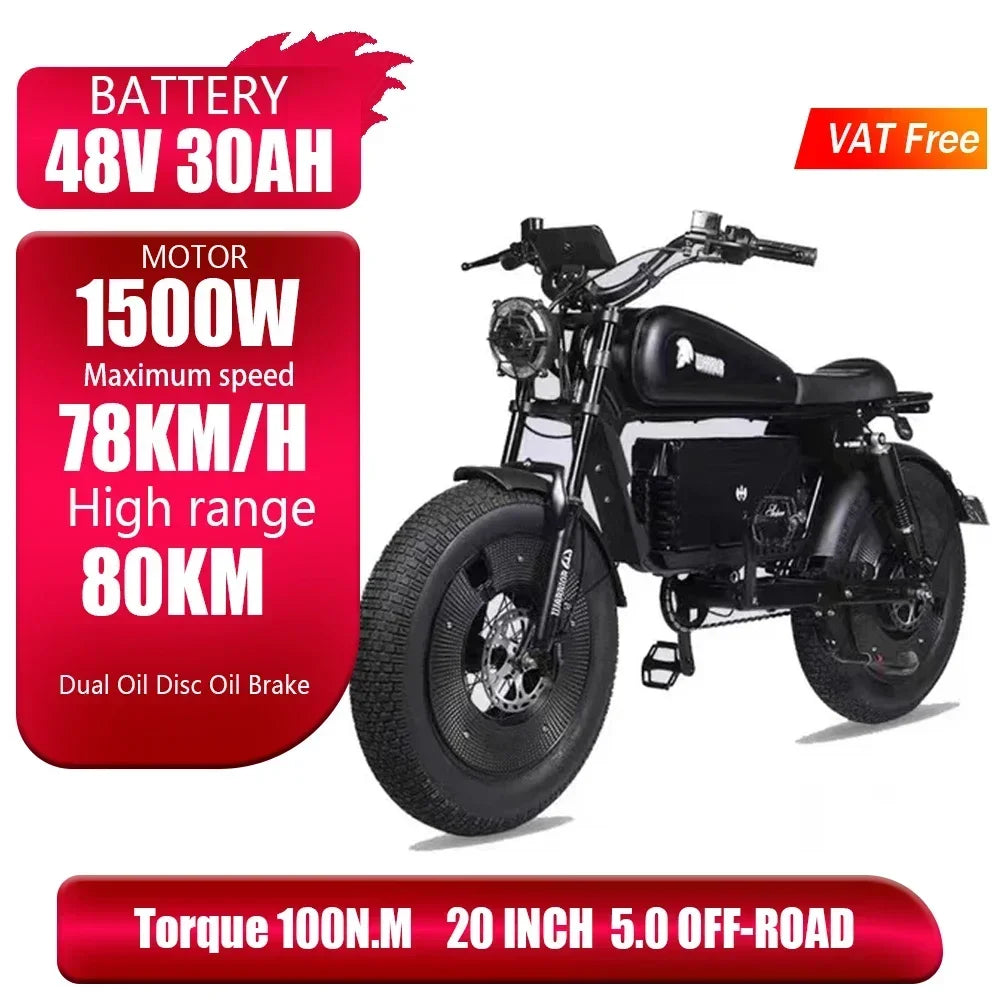 1500W 48V60AH Black Warrior Motorbikes 20inch Fat Tyre Electric Bike Adult Road Hydraulic brake E-bike Adult Road Electric Bike
