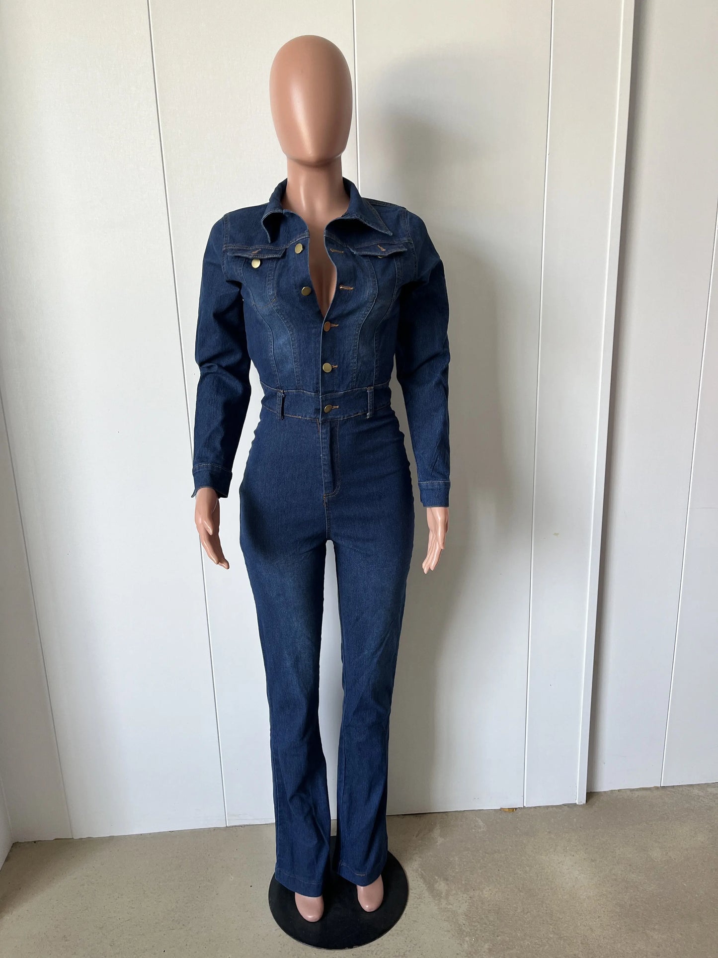 Wide Leg Denim Stretch Jumpsuit Sexy Women Turn Down Collar Elegant Jeans Casual Romper Overalls