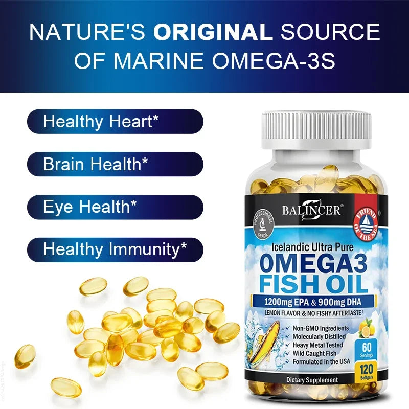 Omega 3 Fish Oil Capsules - Ultra-Pure Supplement - Promotes Joint, Eye, Skin Health, Supports Fatty Acids, Immune Support