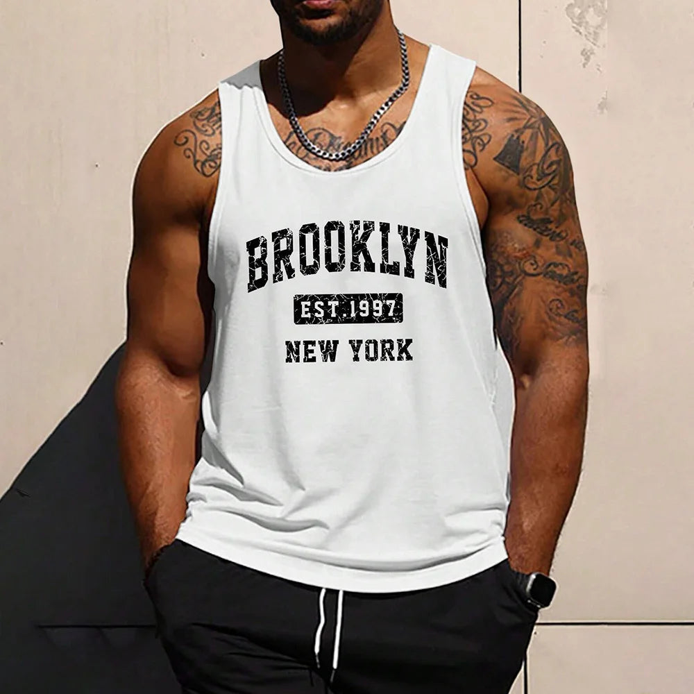 Summer Fresh And Simple Letter Men's Printed Men's Round Neck Vest Harajuku Street Fashion Daily Sports Fitness Breathable Vest