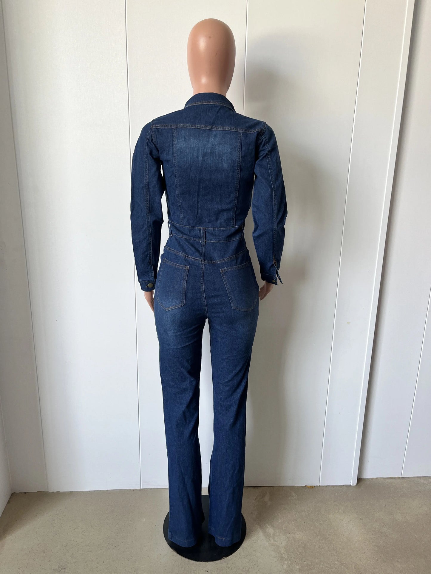 Wide Leg Denim Stretch Jumpsuit Sexy Women Turn Down Collar Elegant Jeans Casual Romper Overalls