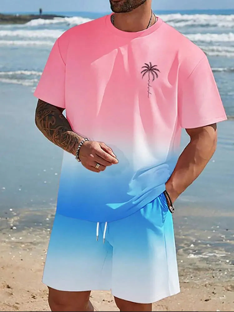 2 Piece Summer Casual Everyday Men's Short Sleeve Shorts Set Hawaiian Print Men's T-shirt Outdoor Sports Men's Beach Shorts