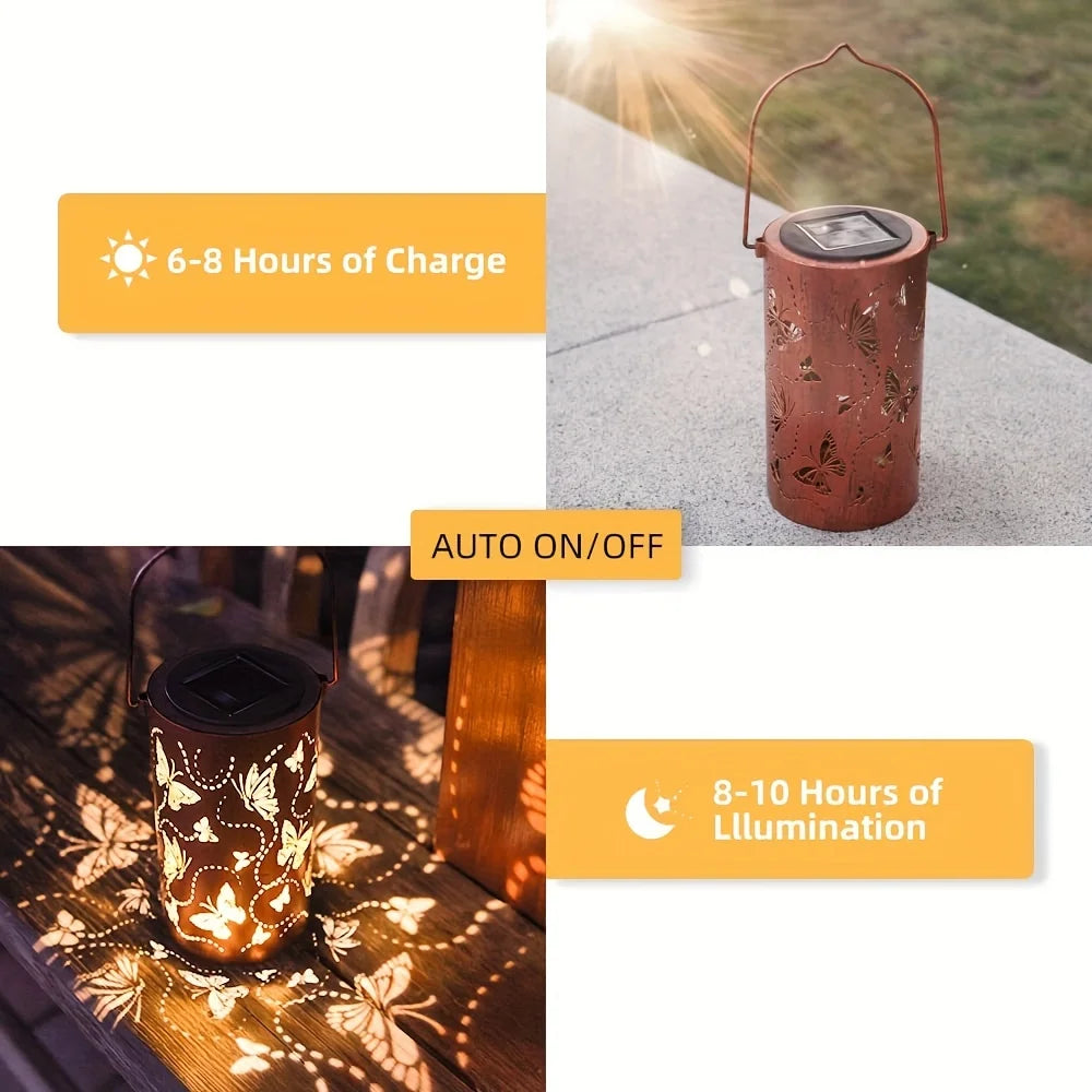 1pc Led Solar Light Solar Hanging Lantern Butterfly Solar Iron Art Lantern Decorative Pathway Lamp Outdoor Metal Hollow Lights
