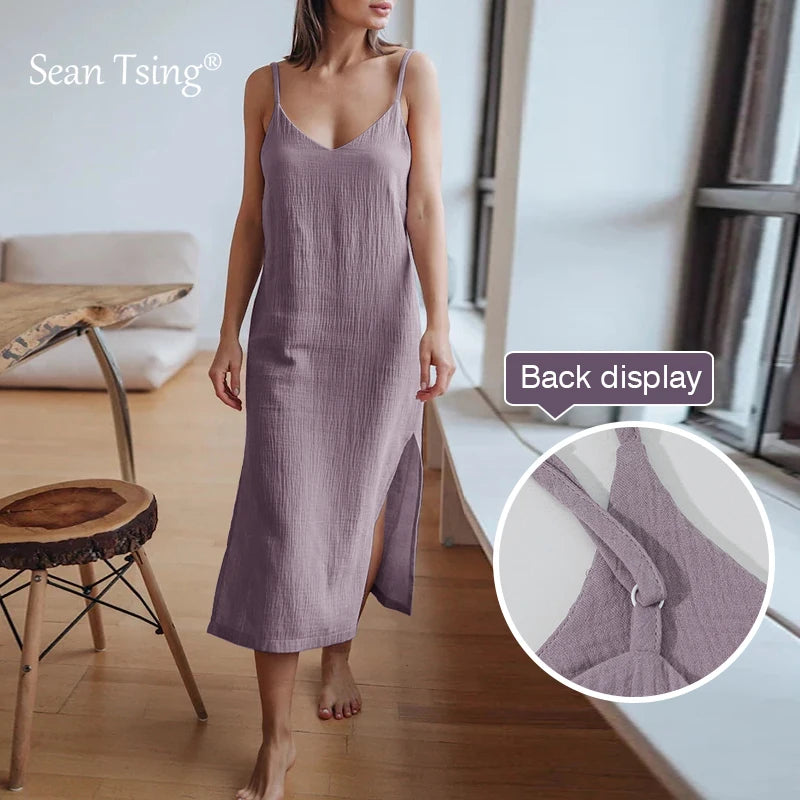 100% Cotton Woman's Dresses Sexy Spaghetti Strap Sleeveless Open Side Sundress Summer Long Maxi Female Dress vestidos para mujer