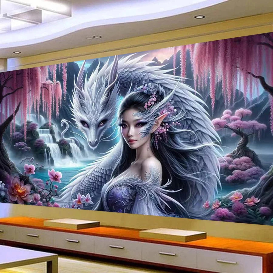 Woman and Dragon Large Size Diy Diamonds Painting Wild Animals Elephant Full Drill Mosaic Embroidery Elf Pictures 200x100cm