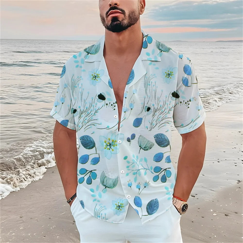 Summer men's casual short sleeved shirt Beach Plant flower 3D printed Hawaiian lapel 2024 New
