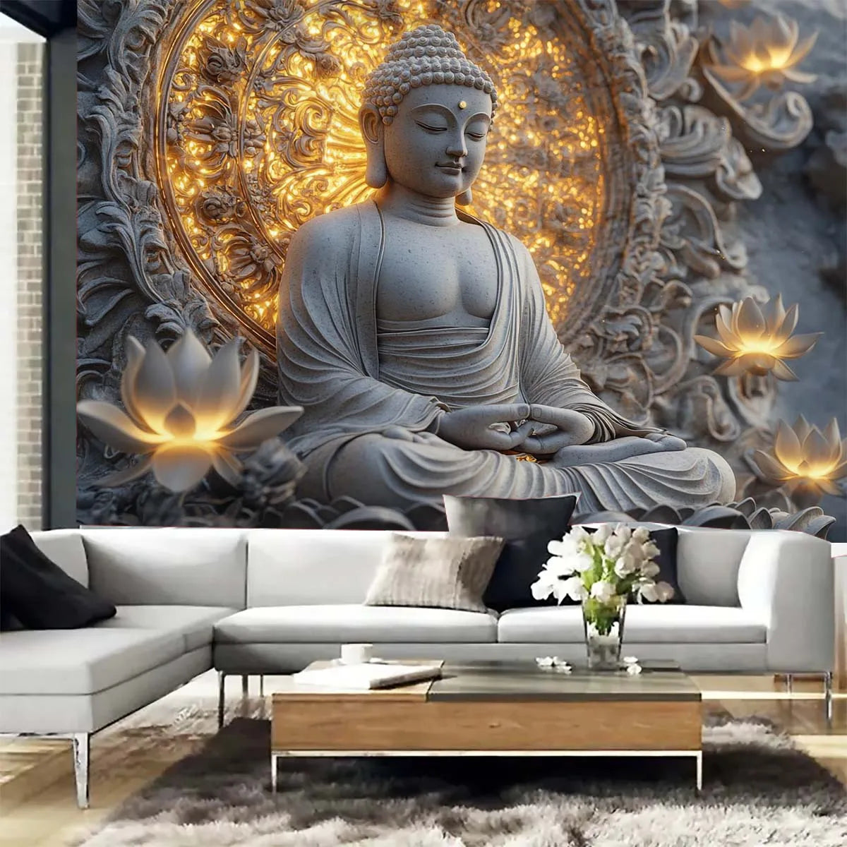 1pc Giant Spiritual Buddha Statue and Lotus Tapestry Wall Hanging - Polyester Peach Light Beige Fabric for Living Room, Bedroom