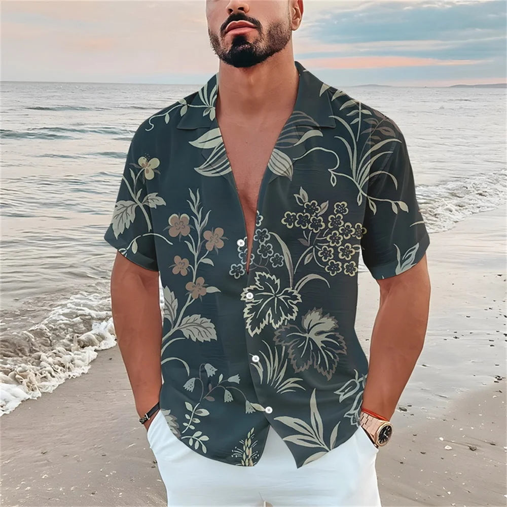 Summer men's casual short sleeved shirt Beach Plant flower 3D printed Hawaiian lapel 2024 New