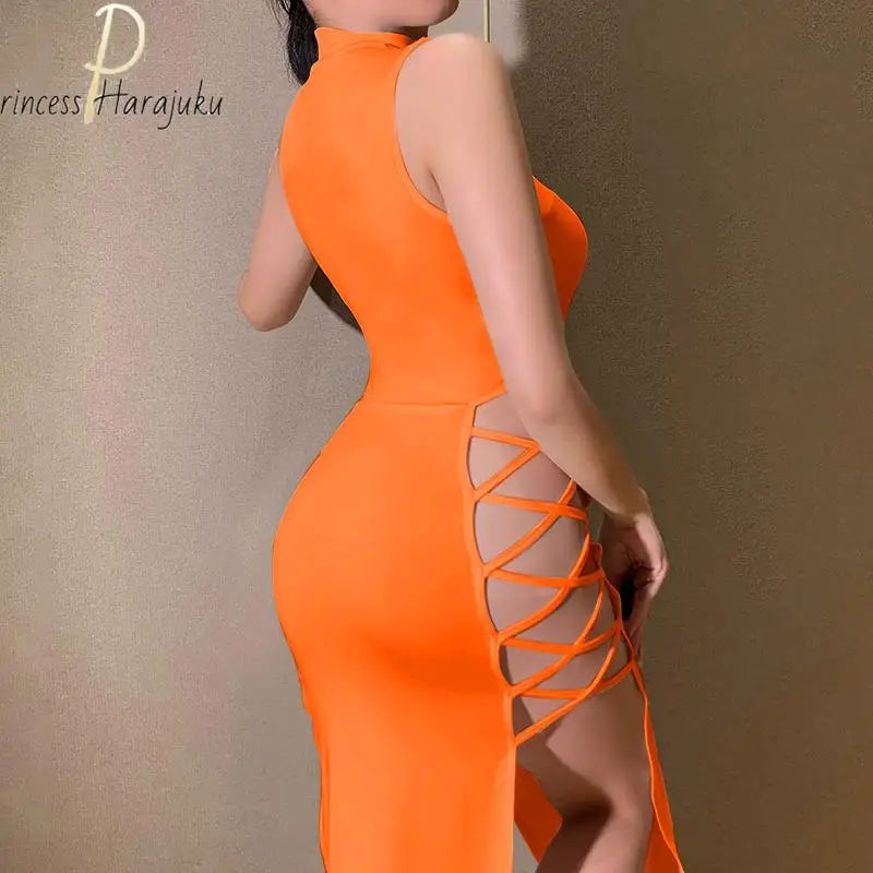 Y2k Evening Dress Halter Vest New Summer Dress Elegant Sexy Simple Black Sleeveless Bandage Sexy High Slit Bandage Maxi Dress