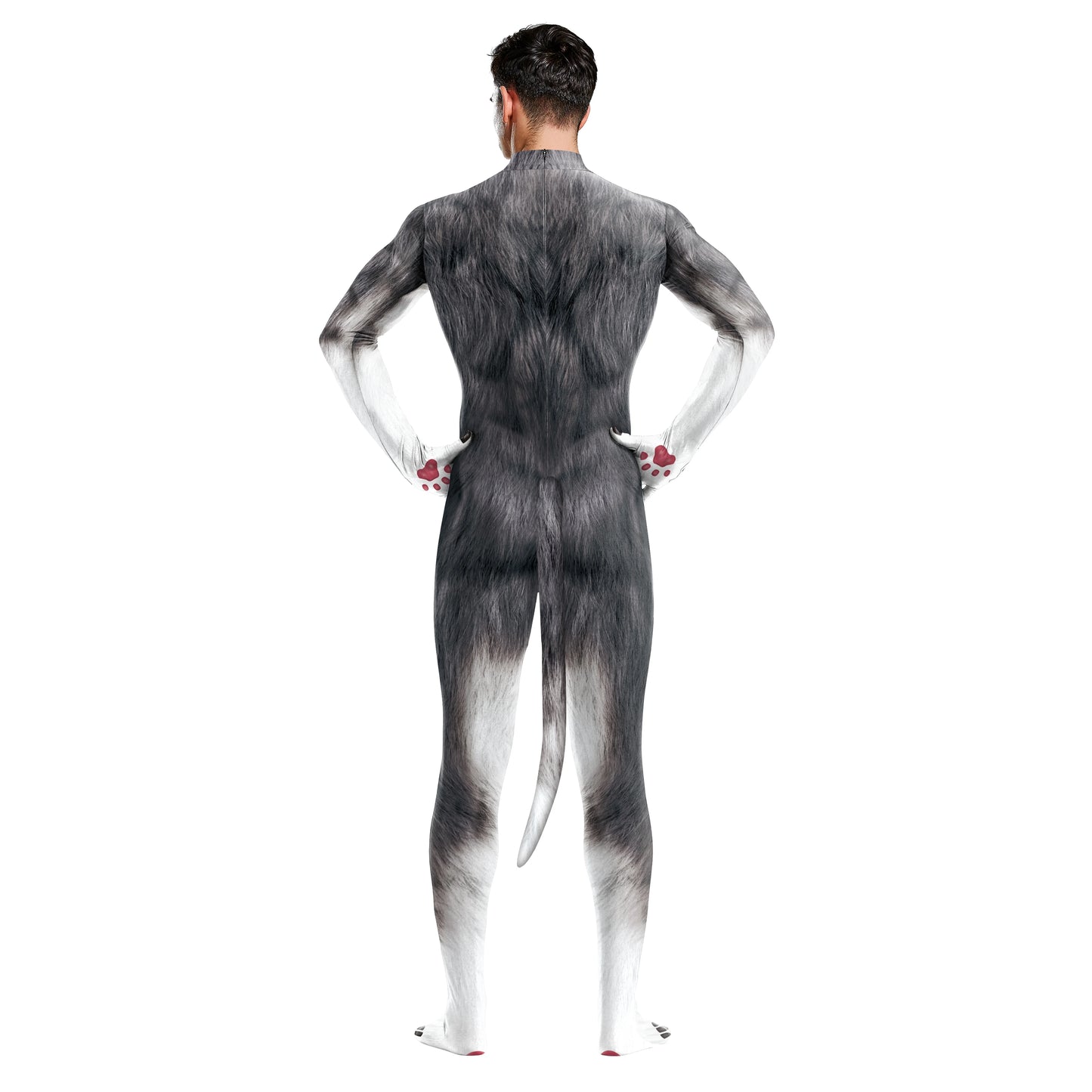 Zawaland Animal wolf 3D Print Petsuit with Tail Cosplay Costume Crotch Zip Jumpsuit Funny Halloween Carnival Disguise Bodysuit
