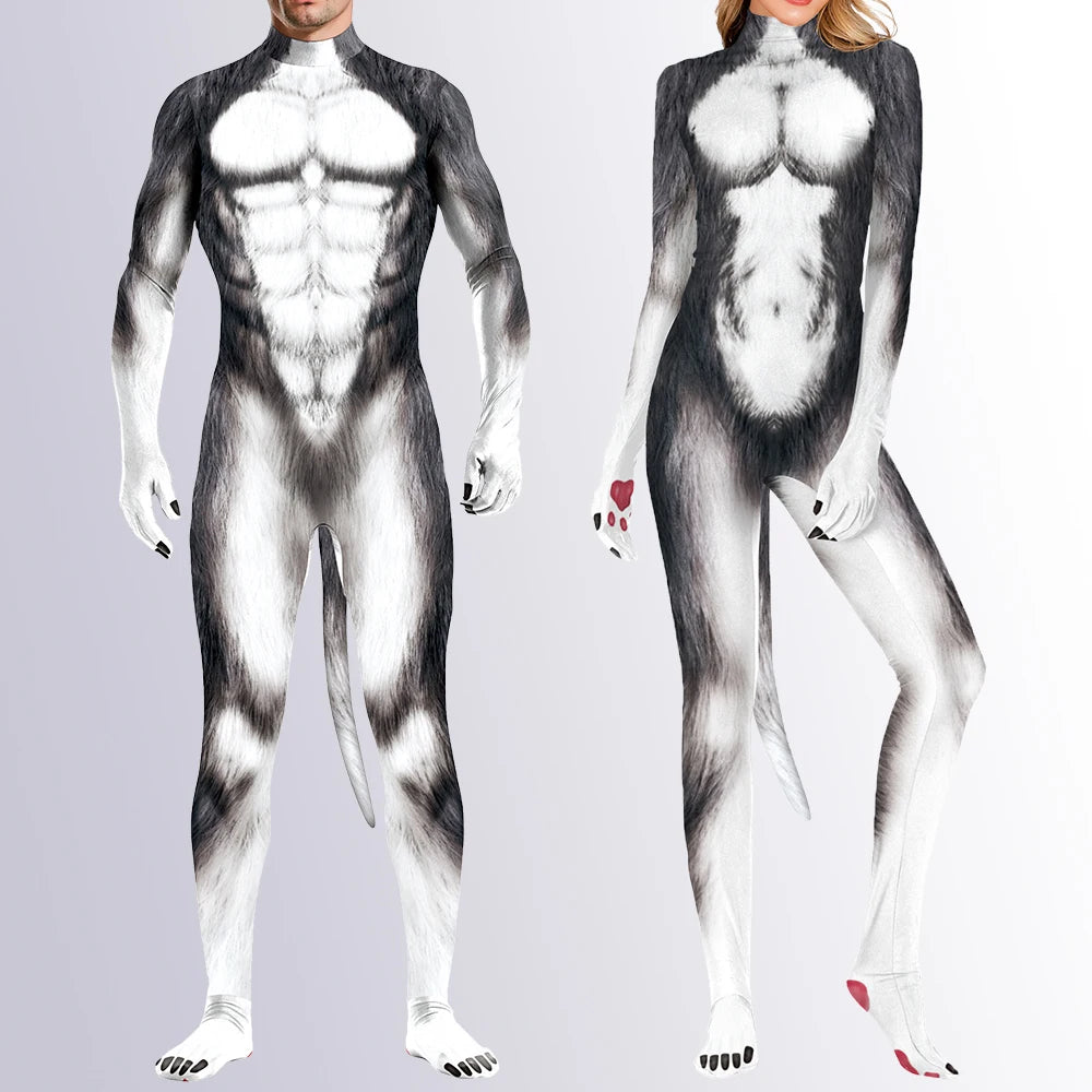 Zawaland Animal wolf 3D Print Petsuit with Tail Cosplay Costume Crotch Zip Jumpsuit Funny Halloween Carnival Disguise Bodysuit