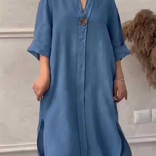 Women's Casual Button-Up Linen irt Long Ne round Color Blo Pet Clothing Accories