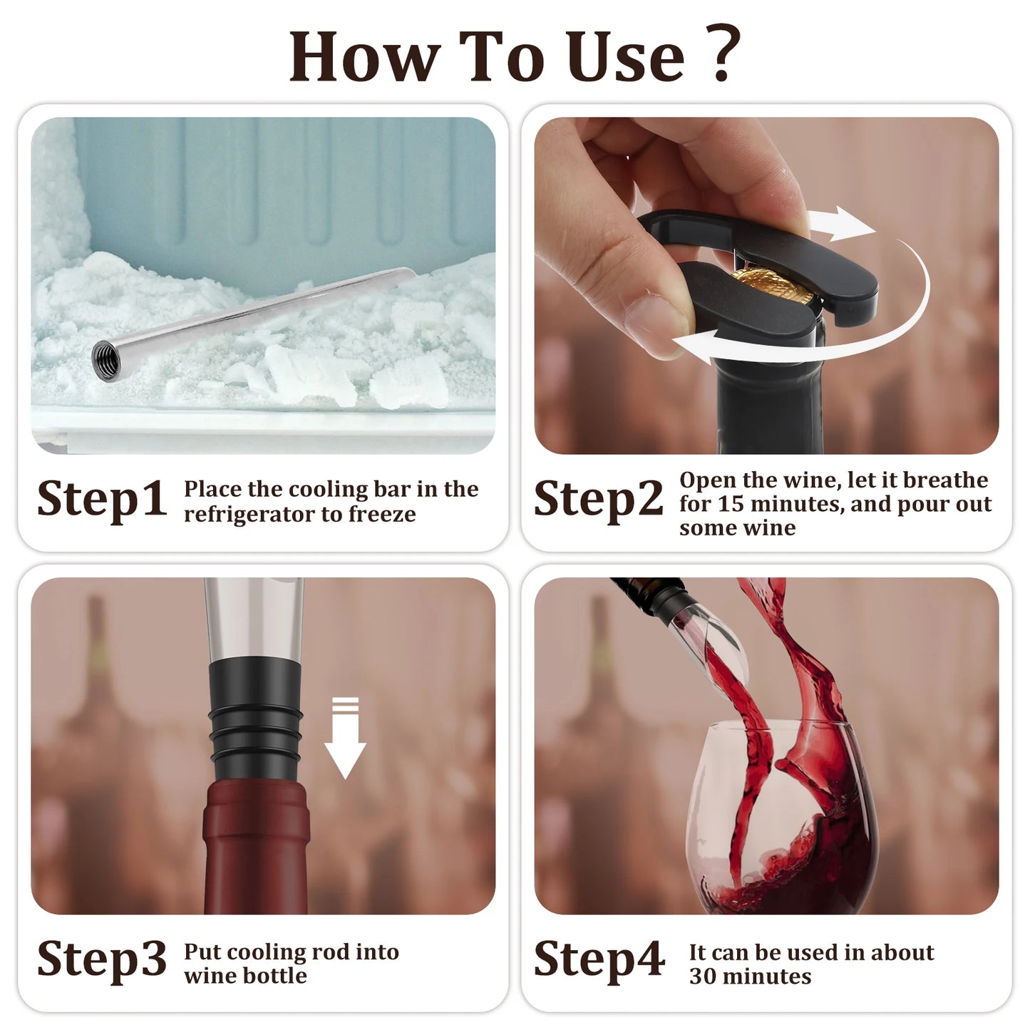 Wine Cooling Rod Stainless Frozen Stick Beer Chiller Stick Ice Wine Cooler 4 in 1 Wine Cooling w/ Wine Pourer Stopper Cutter