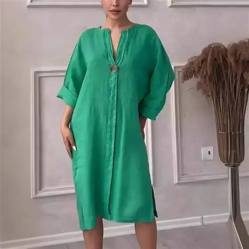 Women's Casual Button-Up Linen irt Long Ne round Color Blo Pet Clothing Accories