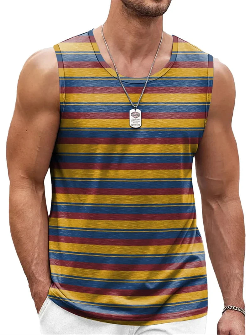 Vintage Striped Graphic Tank Tops For Men Fashion Casual Summer Sleeveless 3D Printed Vest Loose Crew Neck Quick Dry Sports Tees