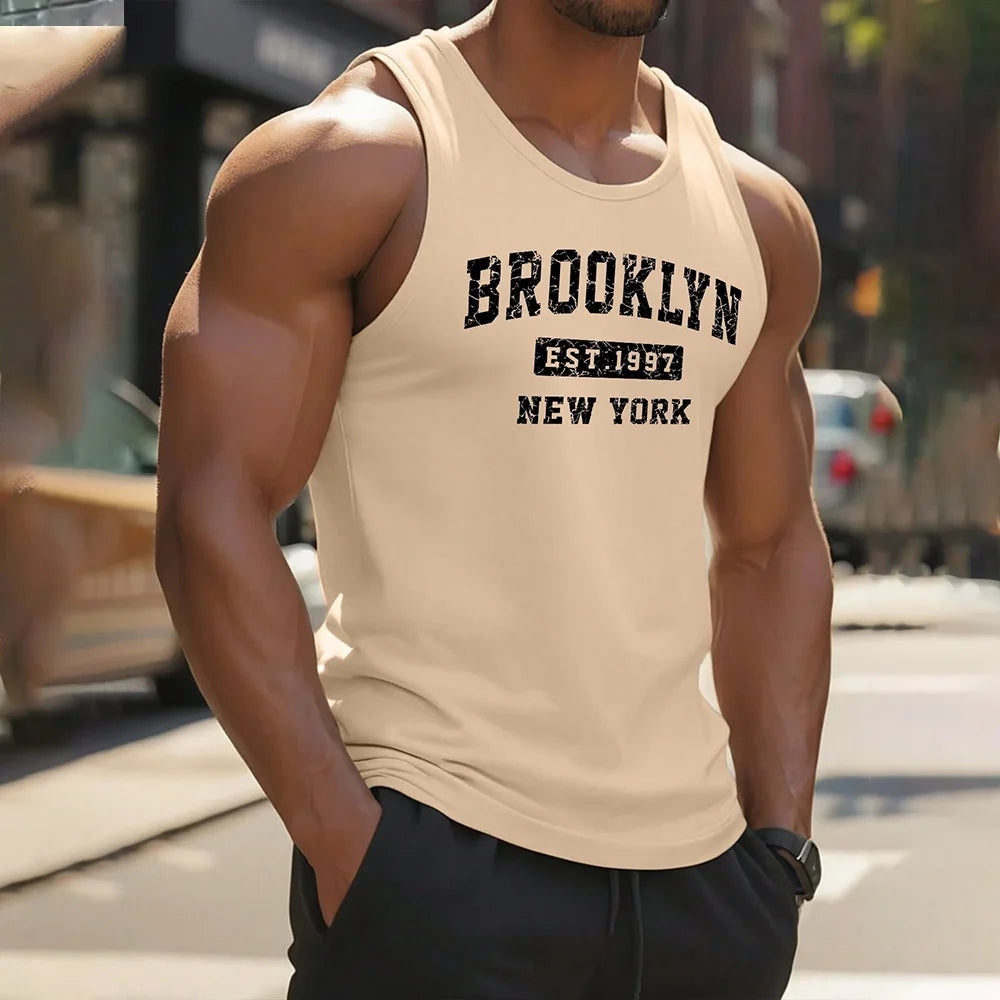 Summer Fresh And Simple Letter Men's Printed Men's Round Neck Vest Harajuku Street Fashion Daily Sports Fitness Breathable Vest