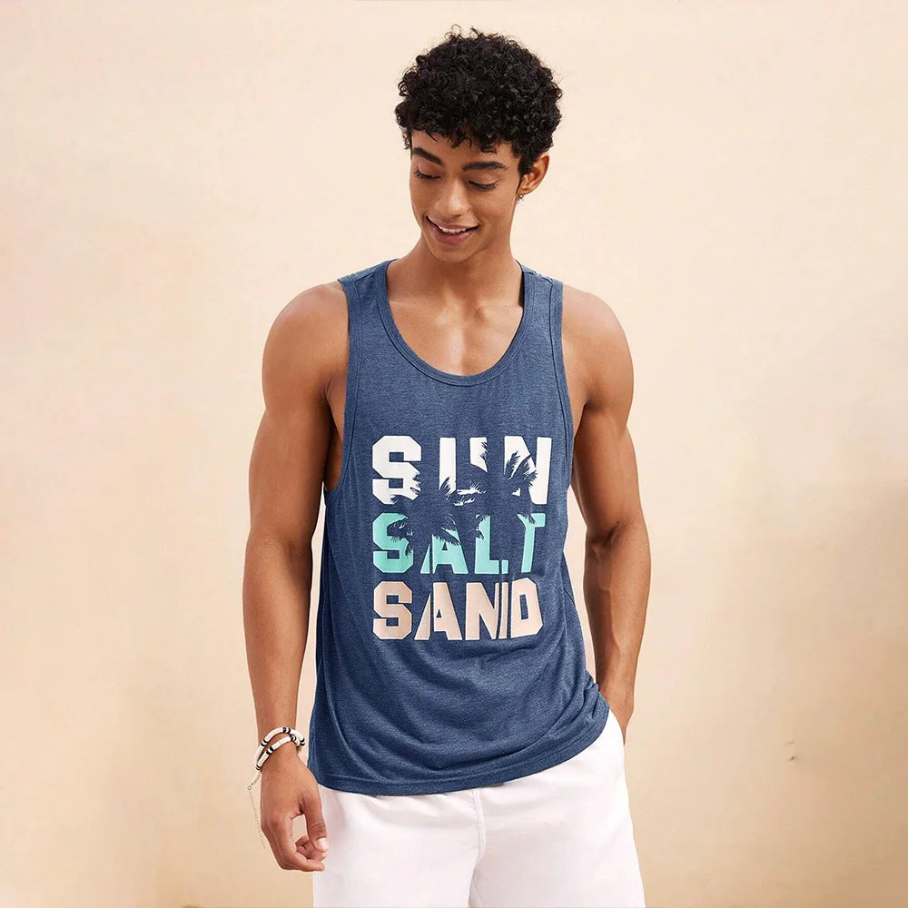 Summer Fresh And Simple Letter Men's Printed Men's Round Neck Vest Harajuku Street Fashion Daily Sports Fitness Breathable Vest