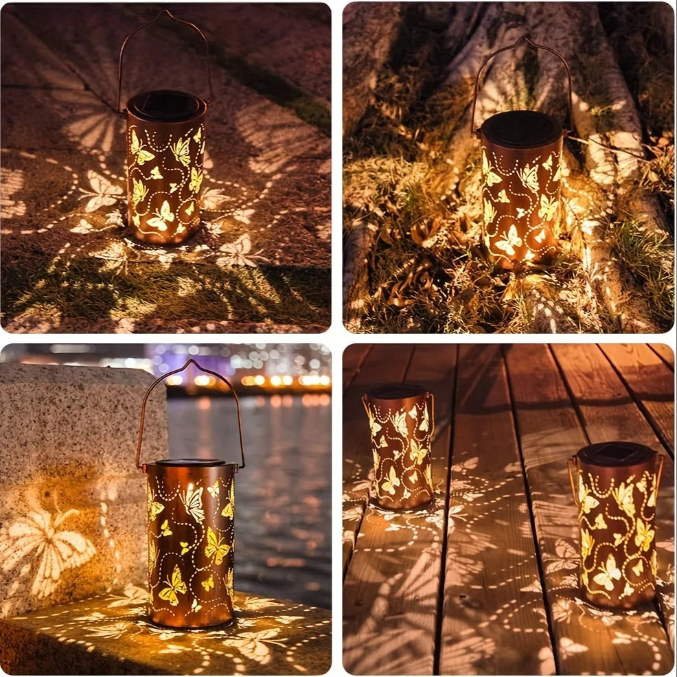 1pc Led Solar Light Solar Hanging Lantern Butterfly Solar Iron Art Lantern Decorative Pathway Lamp Outdoor Metal Hollow Lights