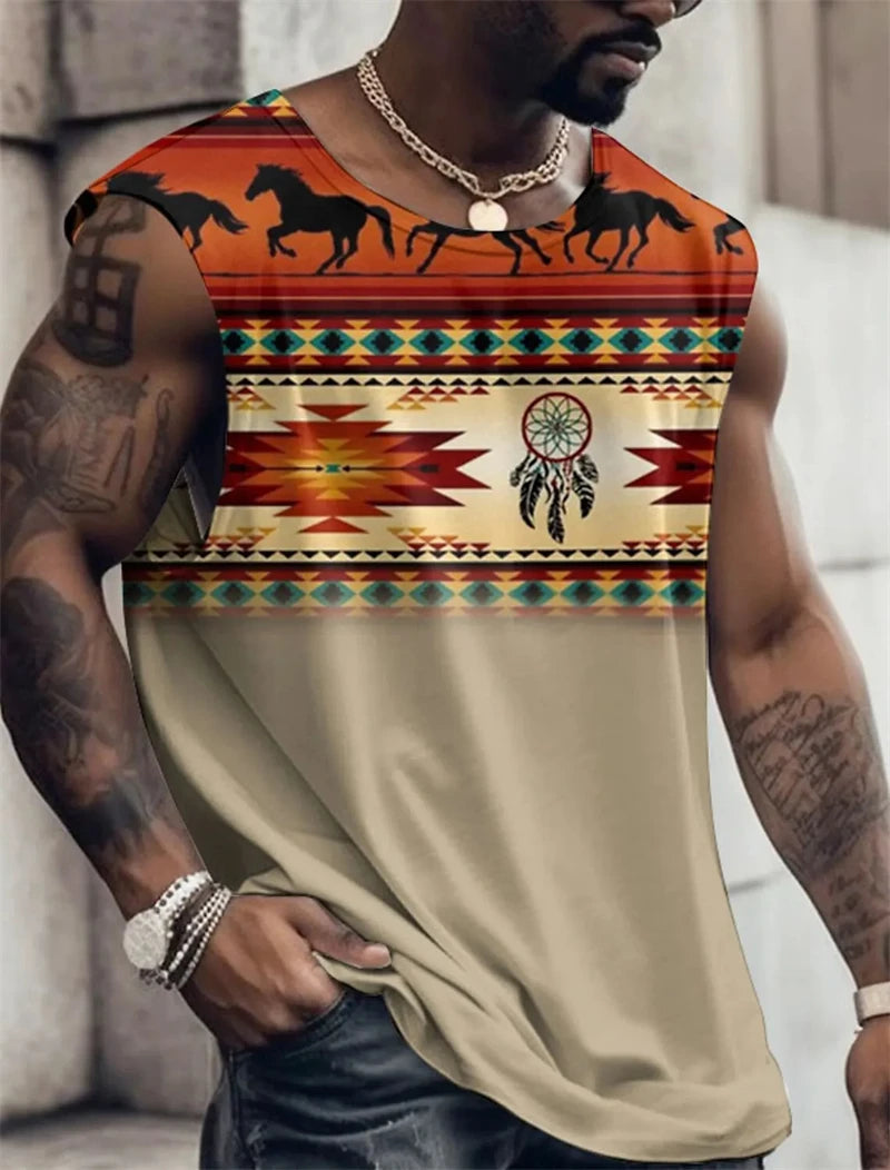 Men's Sleeveless T-Shirts Patterned Colorblocking 3D Printed Y2k Clothing Harajuku Casual Vest Daily Fitness Ethnic Print Tops