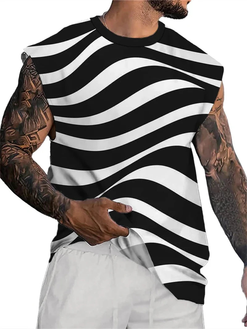 Vintage Striped Graphic Tank Tops For Men Fashion Casual Summer Sleeveless 3D Printed Vest Loose Crew Neck Quick Dry Sports Tees