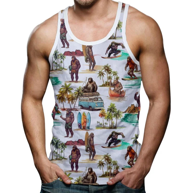 Car Dinosaur Pattern Tank Tops For Men Coconut Tree 3D Printed Tees Summer Casual Loose Tops Street Sports Round Neck Vest