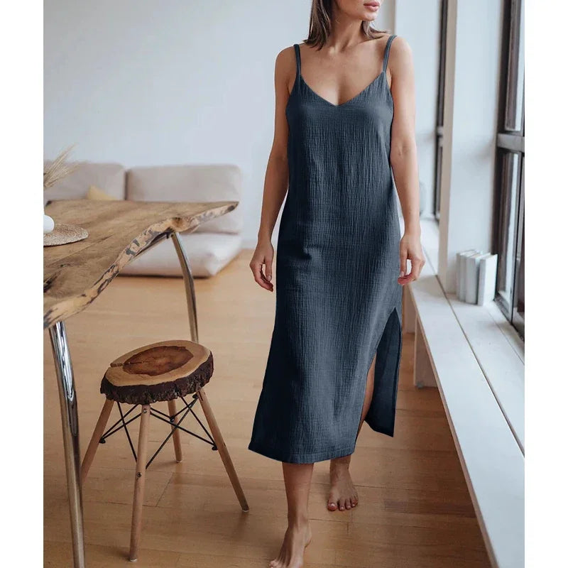100% Cotton Woman's Dresses Sexy Spaghetti Strap Sleeveless Open Side Sundress Summer Long Maxi Female Dress vestidos para mujer