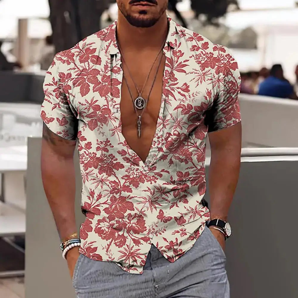 2023 Summer Animal Crane Men's Hawaiian Shirt 3d Plant Floral Print Plus Size Beach Flower