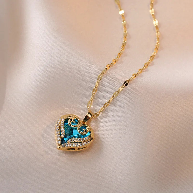 ZAKOL Gorgeous Colorful Zircon Love Heart Pendant Necklace For Women Fashion Stainless Steel Neck Chain Jewelry Gift