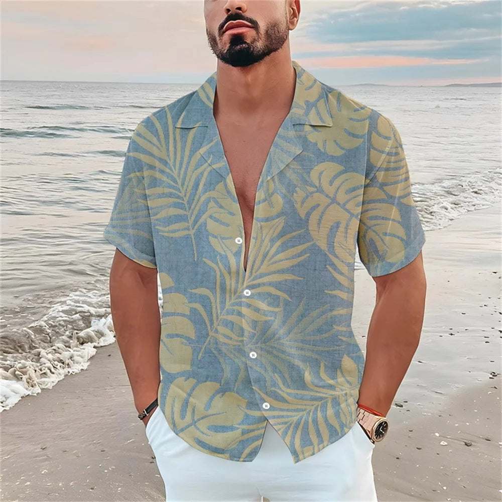 Summer men's casual short sleeved shirt Beach Plant flower 3D printed Hawaiian lapel 2024 New