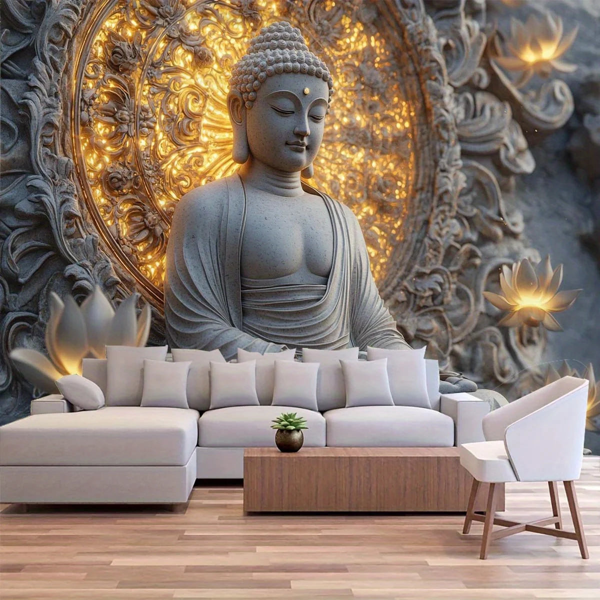 1pc Giant Spiritual Buddha Statue and Lotus Tapestry Wall Hanging - Polyester Peach Light Beige Fabric for Living Room, Bedroom