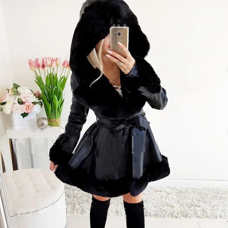 Imitation Rabbit Skin Coat With hat Women Winter Jacket Plus Size Lace-UP Waist Warm Long Jacket High Quality Female Plush Coat