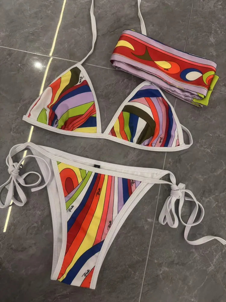 Women Swimsuit Split Swimsuit Bikini Striped Geometry Pattern One-Piece Swimsuit