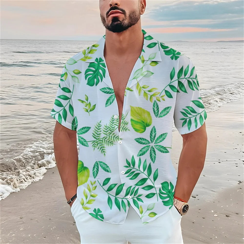 Summer men's casual short sleeved shirt Beach Plant flower 3D printed Hawaiian lapel 2024 New