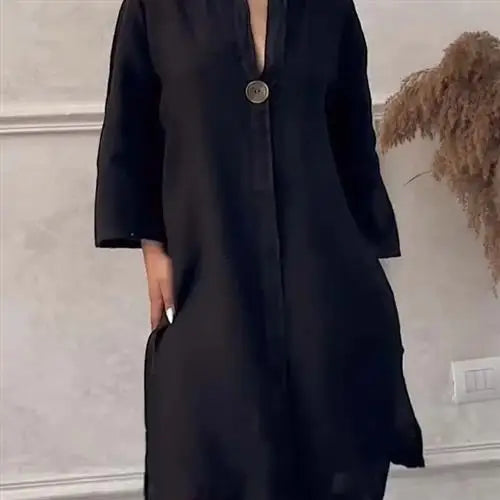 Women's Casual Button-Up Linen irt Long Ne round Color Blo Pet Clothing Accories