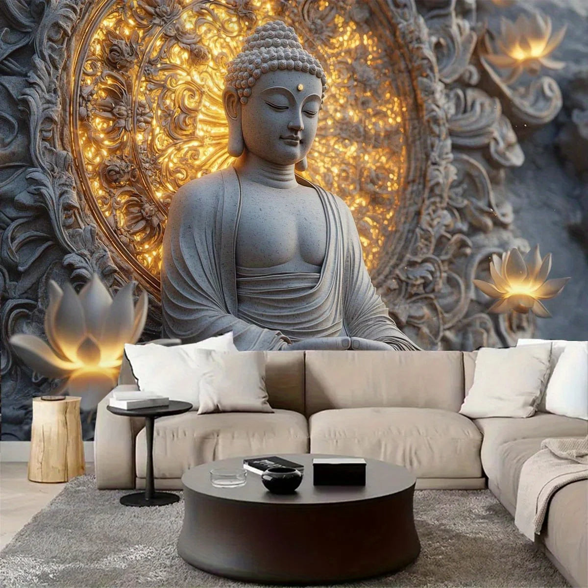 1pc Giant Spiritual Buddha Statue and Lotus Tapestry Wall Hanging - Polyester Peach Light Beige Fabric for Living Room, Bedroom