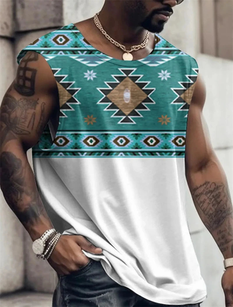 Men's Sleeveless T-Shirts Patterned Colorblocking 3D Printed Y2k Clothing Harajuku Casual Vest Daily Fitness Ethnic Print Tops
