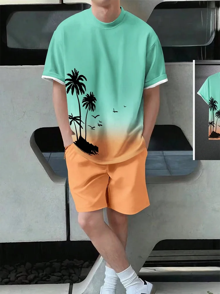 2 Piece Summer Casual Everyday Men's Short Sleeve Shorts Set Hawaiian Print Men's T-shirt Outdoor Sports Men's Beach Shorts