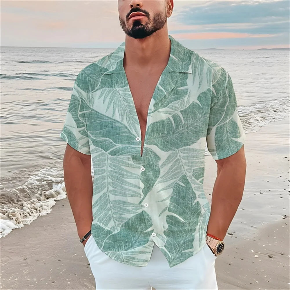 Summer men's casual short sleeved shirt Beach Plant flower 3D printed Hawaiian lapel 2024 New