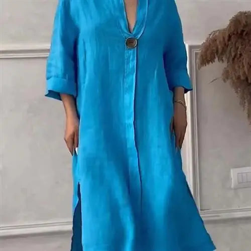 Women's Casual Button-Up Linen irt Long Ne round Color Blo Pet Clothing Accories