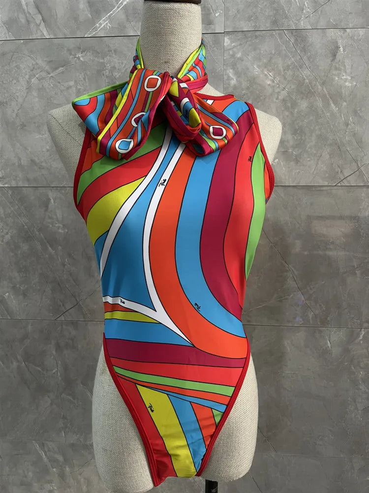 Women Swimsuit Split Swimsuit Bikini Striped Geometry Pattern One-Piece Swimsuit