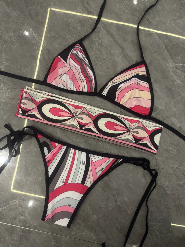 Women Swimsuit Split Swimsuit Bikini Striped Geometry Pattern One-Piece Swimsuit