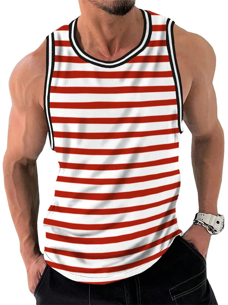 Mens Retro Stripe 3D Printed Tank Tops Fashion Summer Sleeveless Casual Sports Vest Loose Quick Dry Breathable Tees Clothes