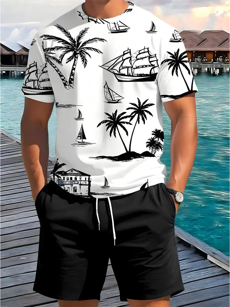 2 Piece Summer Casual Everyday Men's Short Sleeve Shorts Set Hawaiian Print Men's T-shirt Outdoor Sports Men's Beach Shorts