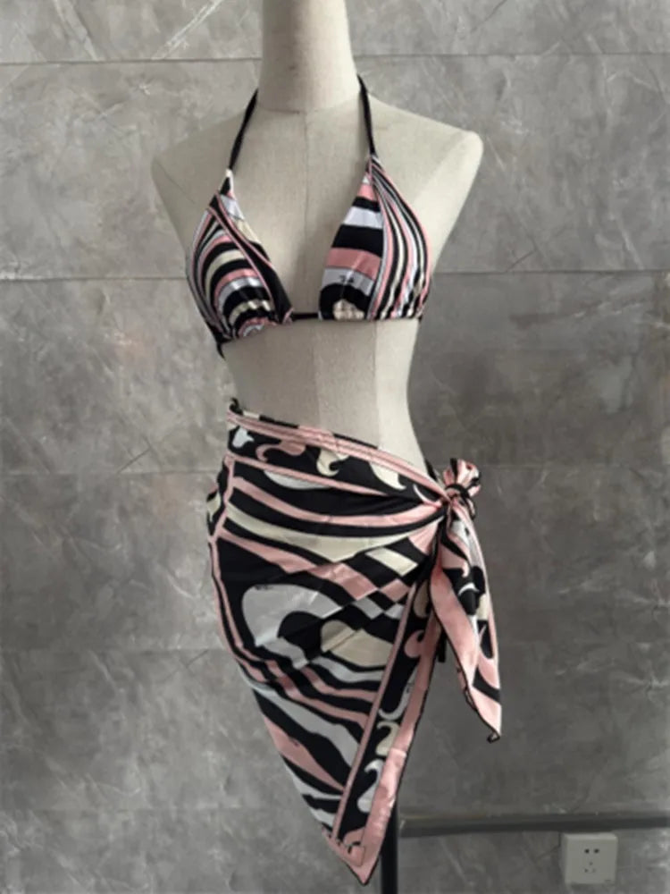 Women Swimsuit Split Swimsuit Bikini Striped Geometry Pattern One-Piece Swimsuit