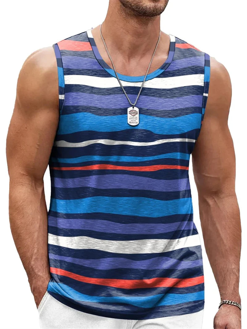 Mens Retro Stripe 3D Printed Tank Tops Fashion Summer Sleeveless Casual Sports Vest Loose Quick Dry Breathable Tees Clothes