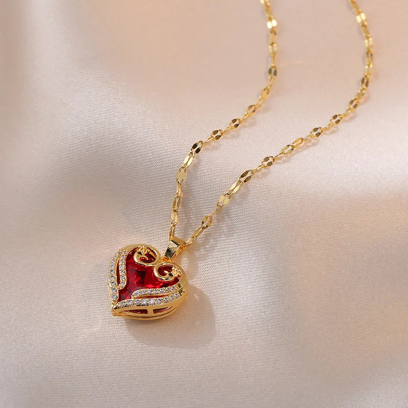 ZAKOL Gorgeous Colorful Zircon Love Heart Pendant Necklace For Women Fashion Stainless Steel Neck Chain Jewelry Gift